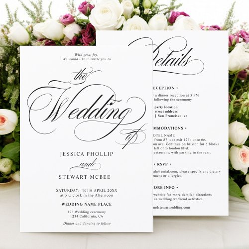 bold black white all in one calligraphy wedding  invitation