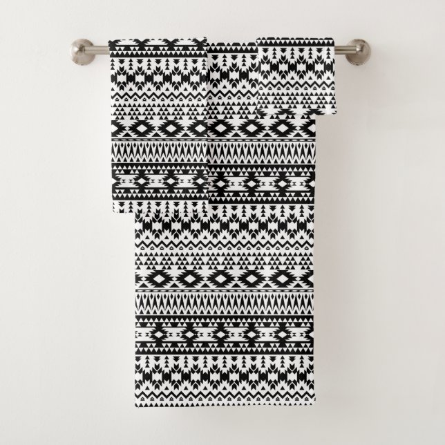 Bold Black White Aztec Geometric tribal pattern Bath Towel Set (Insitu)