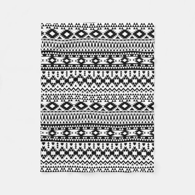 Bold Black White Aztec Geometric tribal pattern Fleece Blanket (Front)