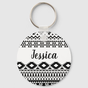 Bold Black White Aztec Geometric tribal pattern Keychain