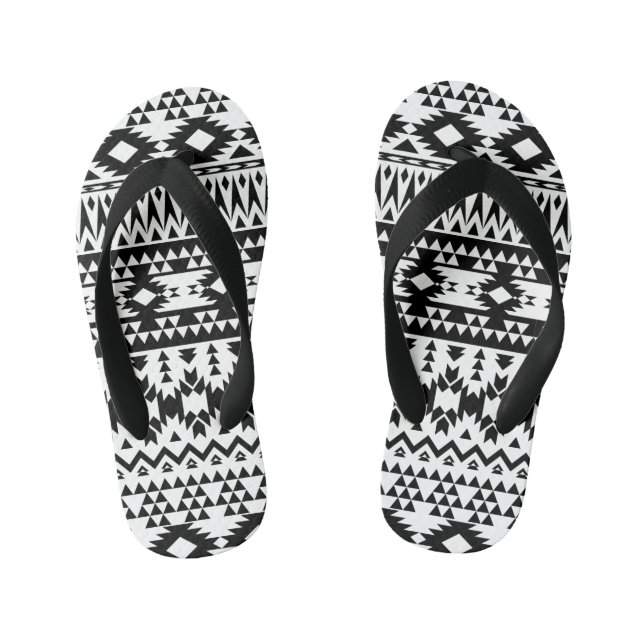 Bold Black White Aztec Geometric tribal pattern Kid's Flip Flops (Footbed)