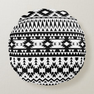 Bold Black White Aztec Geometric tribal pattern Round Pillow