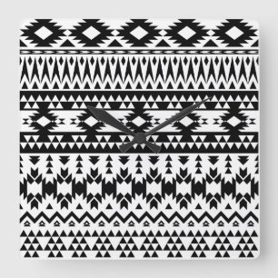 Bold Black White Aztec Geometric tribal pattern Square Wall Clock