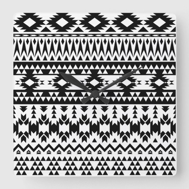 Bold Black White Aztec Geometric tribal pattern Square Wall Clock (Front)