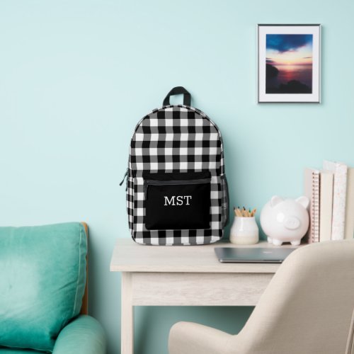 Bold Black White Buffalo Check with Monogram Printed Backpack