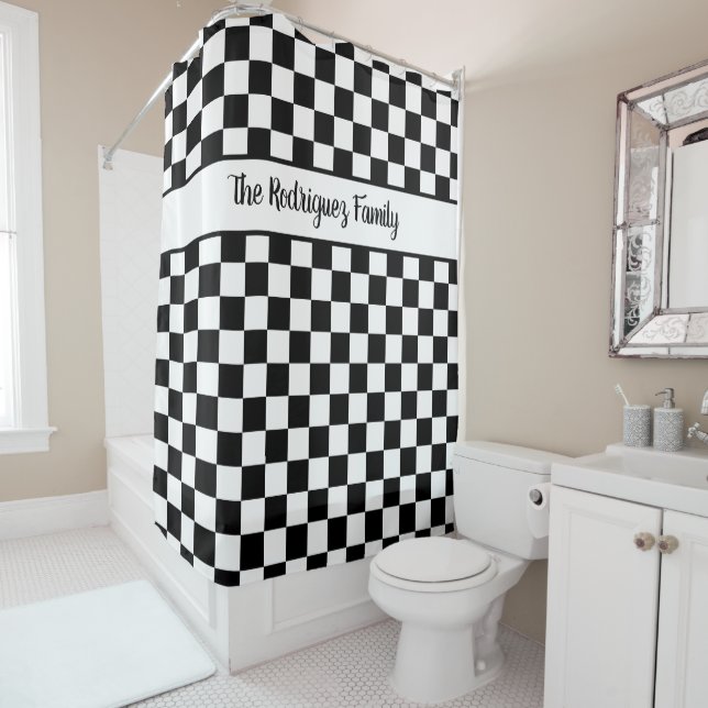 Bold Black White Checkered Pattern Custom Name Shower Curtain (In Situ)