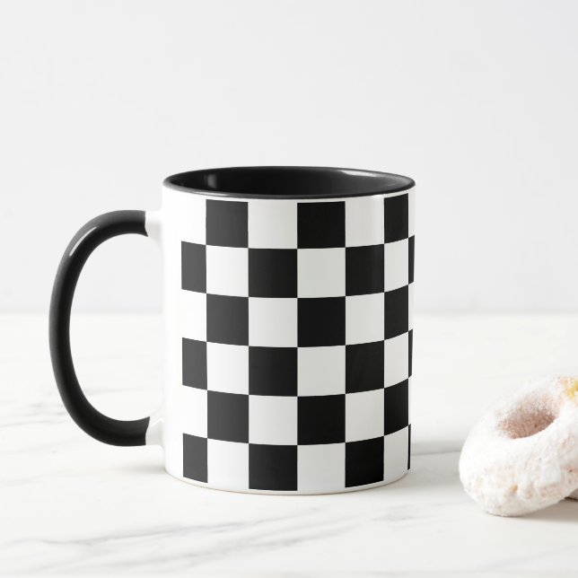 Bold Black White Checkered Pattern Mug (With Donut)
