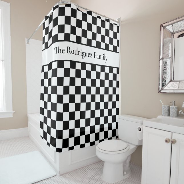 Bold Black White Checkered Pattern with Name Shower Curtain (In Situ)