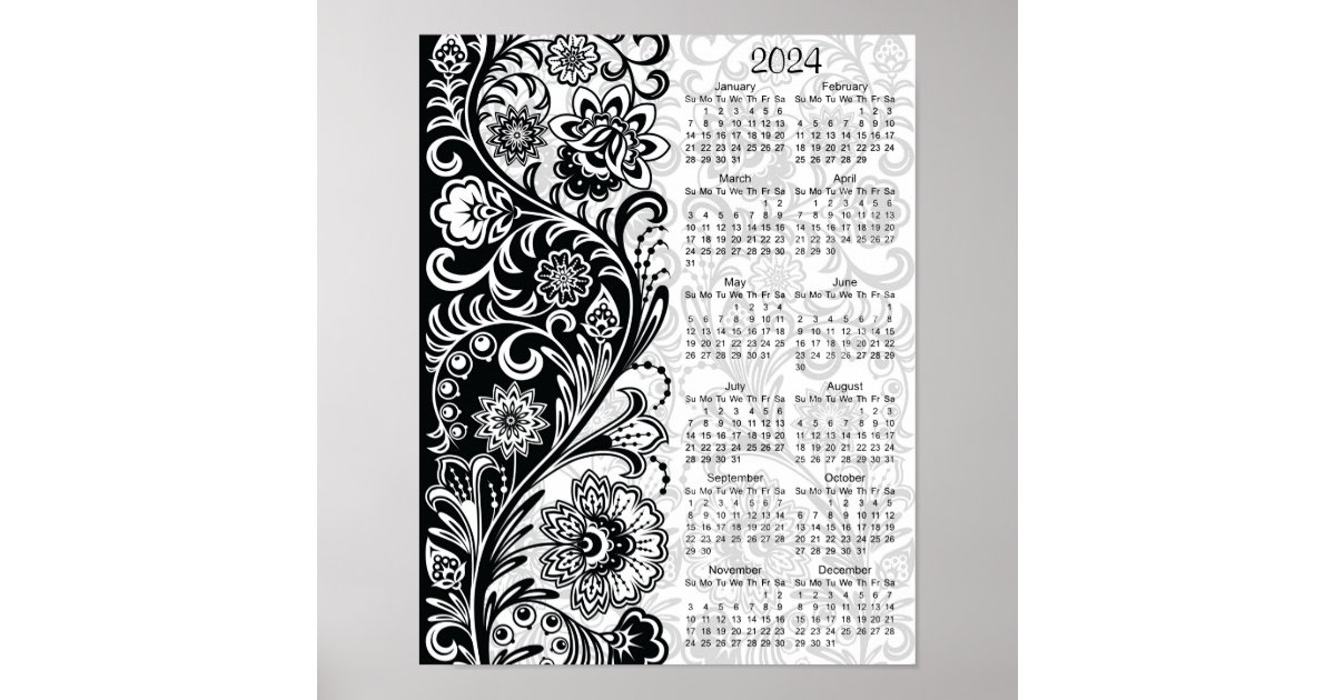 Bold Black White Floral 2024 Calendar Poster Zazzle