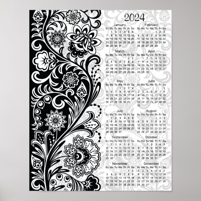 Bold Black White Floral 2024 Calendar Poster