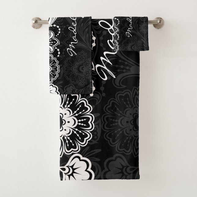 Bold Black White Floral Design Bath Towels Set (Insitu)
