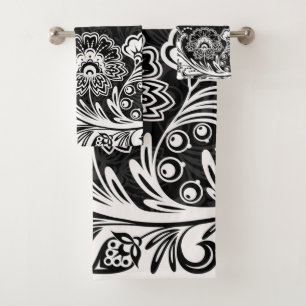 Bold Black White Floral Design Bath Towels Set