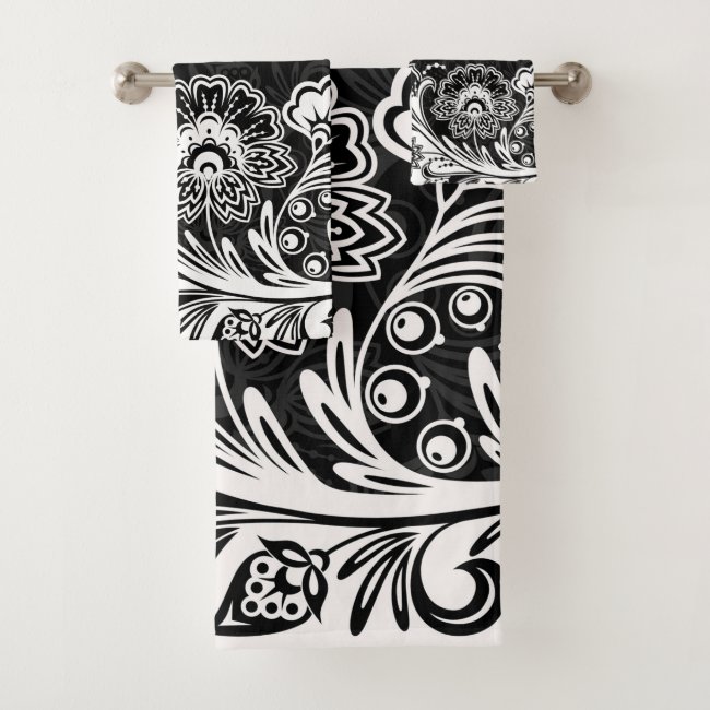 Bold Black White Floral Design Bath Towels Set