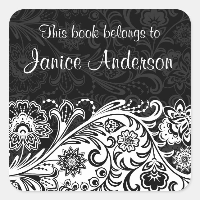 Bold Black White Floral Design Bookplate Sticker (Front)