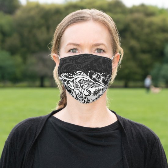 Bold Black White Floral Design Face Mask