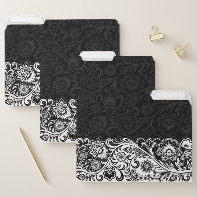 Bold Black White Floral Design File Folders (Set)