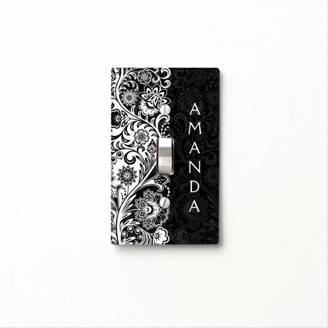 Bold Black White Floral Design Light Switch Cover (In Situ)