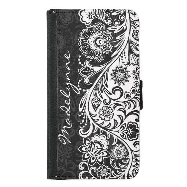 Bold Black White Floral Design Wallet Case (Front)