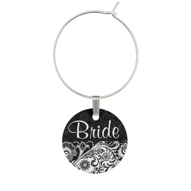 Bold Black White Floral Design Wine Charm (Front)