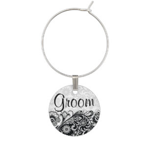 Bold Black White Floral Design Wine Charm