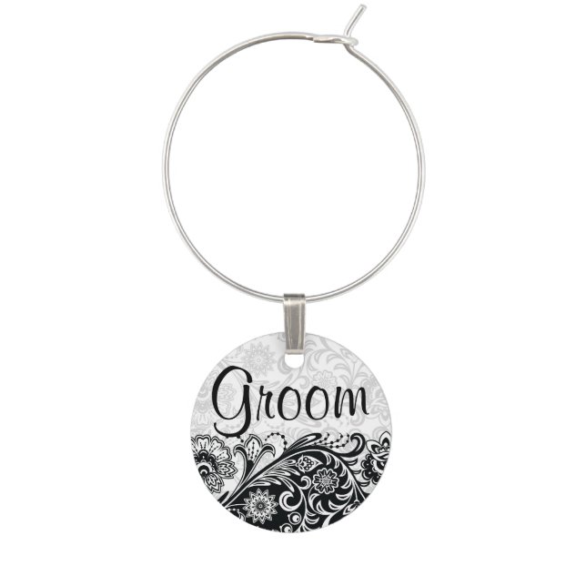 Bold Black White Floral Design Wine Charm (Front)