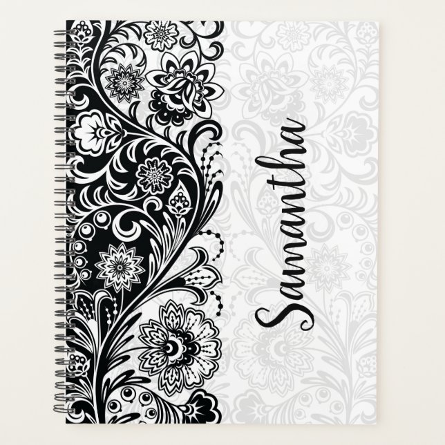 Bold Black White Floral Weekly/Monthly Planner (Front)