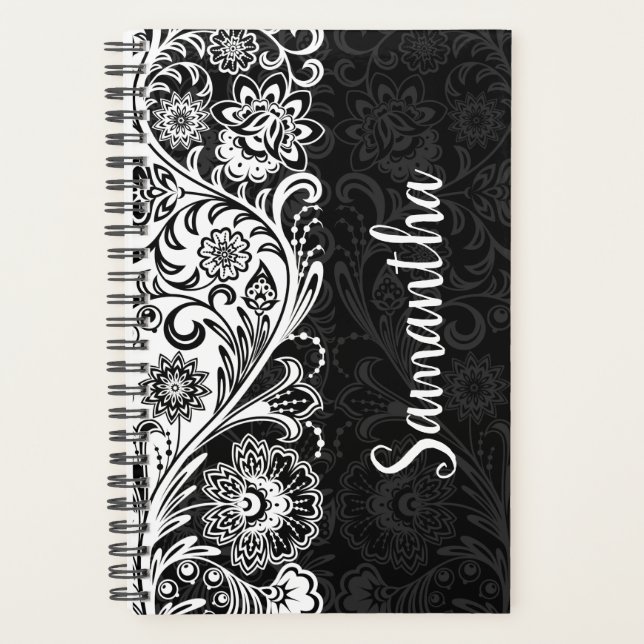 Bold Black White Floral Weekly/Monthly Planner (Front)