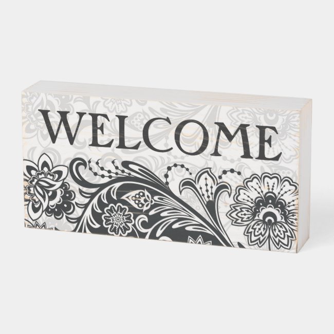 Bold Black White Floral Wooden Box Sign