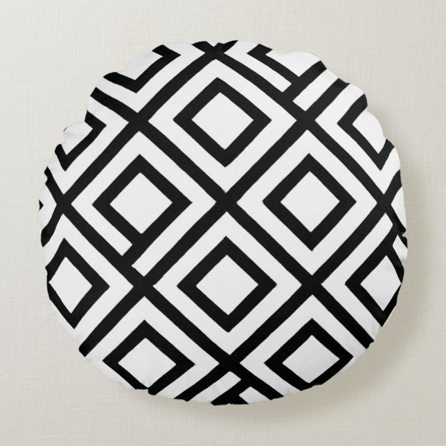 Bold Black White Geometric Diamond Round Pillow (Front)