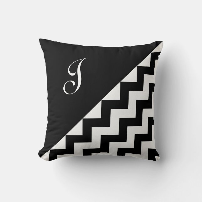 Bold Black White Geometric Zigzag Pattern Monogram Throw Pillow (Front)