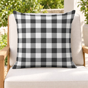 Bold Black White Gingham Plaid Check Outdoor Pillow