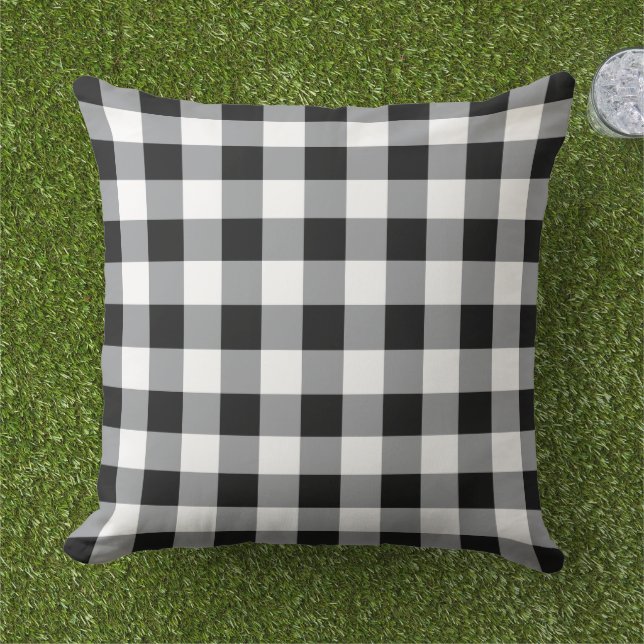 Bold Black White Gingham Plaid Check Outdoor Pillow (Grass)