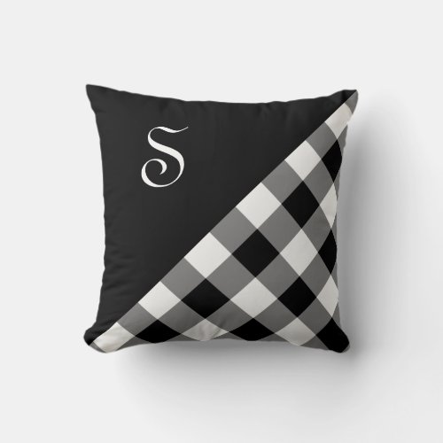 Bold Black White Gingham Plaid Pattern Monogram Throw Pillow