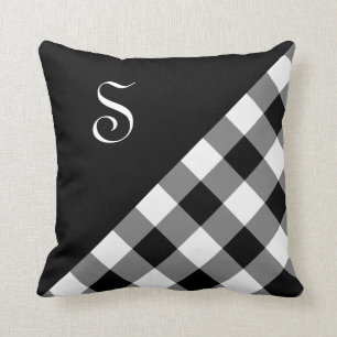 Bold Black White Gingham Plaid Pattern Monogram Throw Pillow
