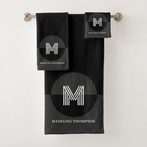 Bold Black White Gray Geometric Modern Monogram Bath Towel Set