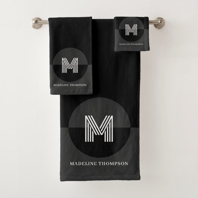 Bold Black White Gray Geometric Modern Monogram Bath Towel Set (Insitu)