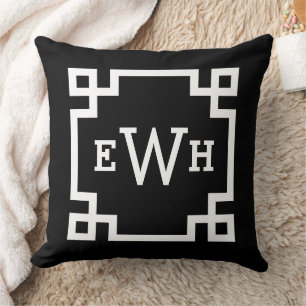 Bold Black White Greek Key Monogram Initial Throw Pillow