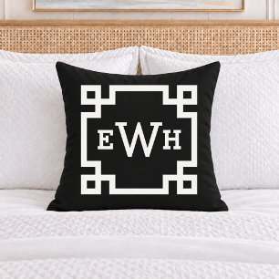 Bold Black White Greek Key Monogram Initial Throw Pillow