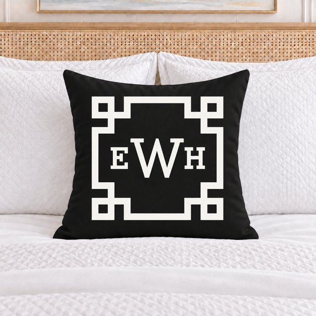 Bold Black White Greek Key Monogram Initial Throw Pillow (Creator Uploaded)
