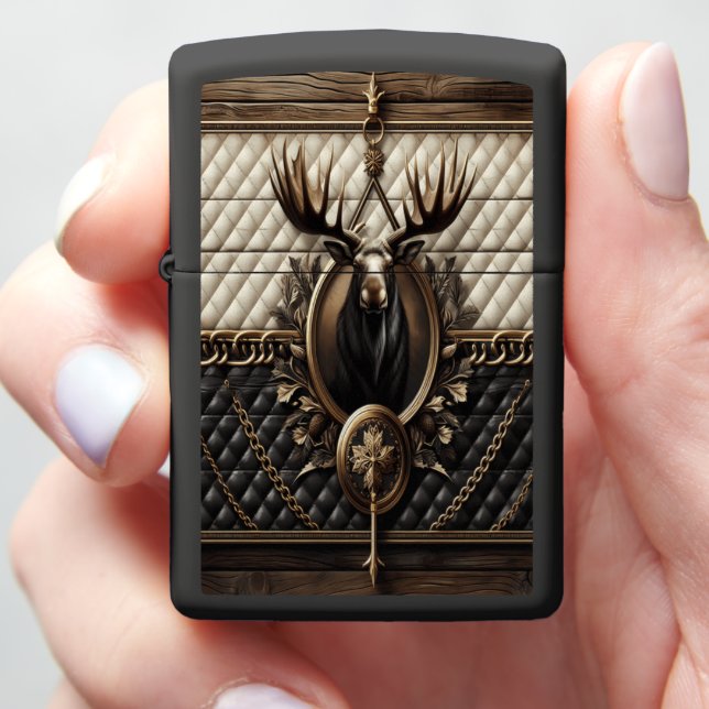 Bold Black White Moose Leather Painting Zippo Lighter (In Hand)
