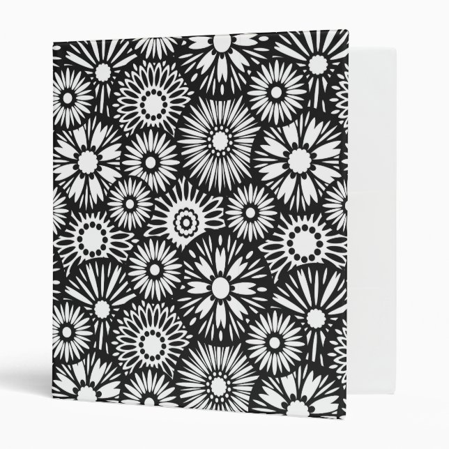 Bold Black White Retro 70s Graphic Daisy Pattern 3 Ring Binder (Front/Inside)