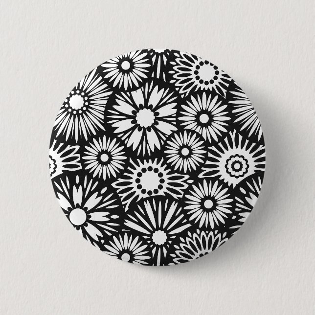 Bold Black White Retro 70s Graphic Daisy Pattern Button (Front)