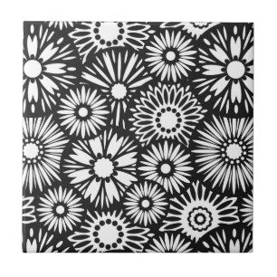 Bold Black White Retro 70s Graphic Daisy Pattern Ceramic Tile