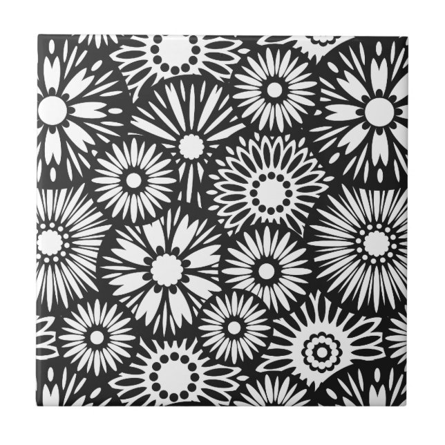 Bold Black White Retro 70s Graphic Daisy Pattern Ceramic Tile (Front)
