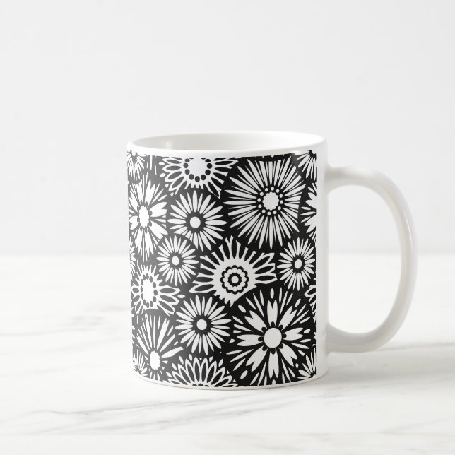 Bold Black White Retro 70s Graphic Daisy Pattern Coffee Mug (Right)