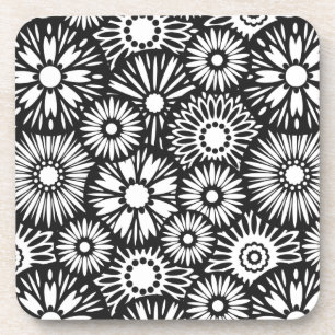 Bold Black White Retro 70s Graphic Daisy Pattern Drink Coaster