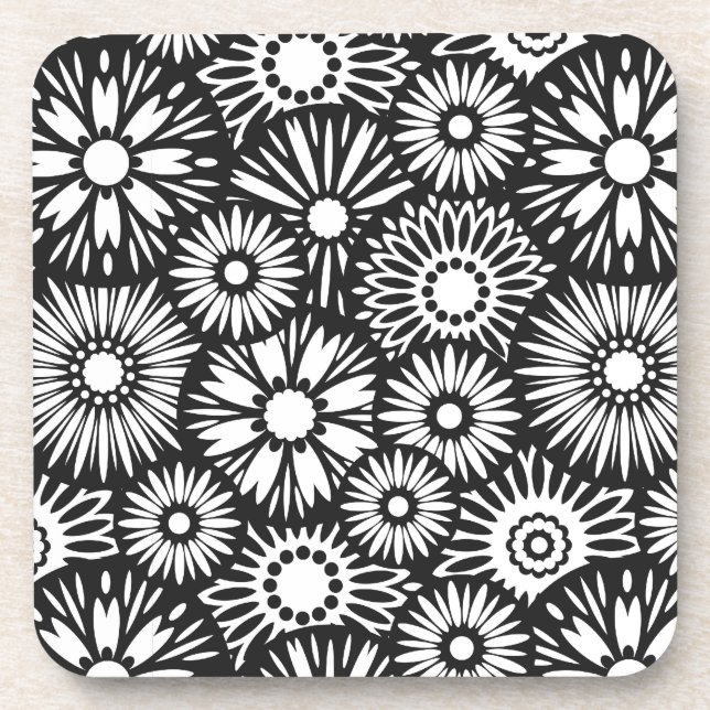Bold Black White Retro 70s Graphic Daisy Pattern Drink Coaster (Front)