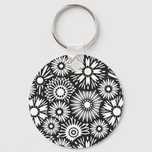 Bold Black White Retro 70s Graphic Daisy Pattern Keychain