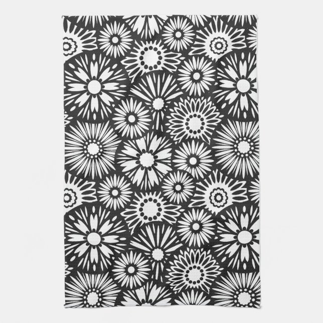 Bold Black White Retro 70s Graphic Daisy Pattern Kitchen Towel (Vertical)