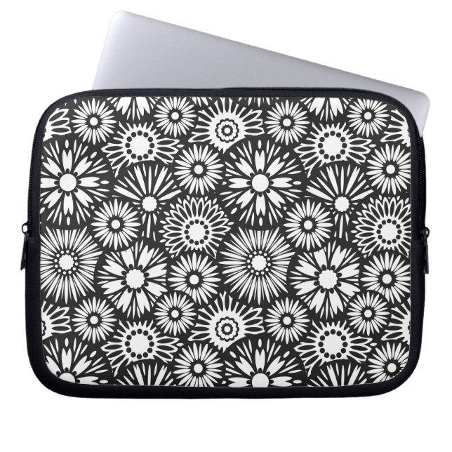 Bold Black White Retro 70s Graphic Daisy Pattern Laptop Sleeve (Front)
